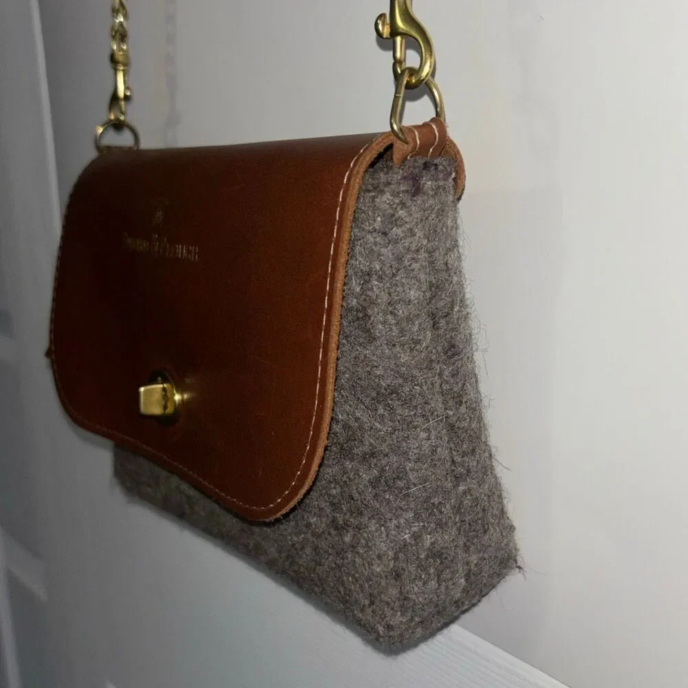 Sword & Plough Women Gray Crossbody Bag Purse Gold Chain Brown Leather